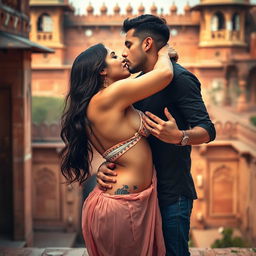 An intimate and sensual scene set in a Rajasthani fort, featuring a beautiful woman in a low-waist chiffon skirt as she delicately removes her bikini top, revealing her cleavage and navel