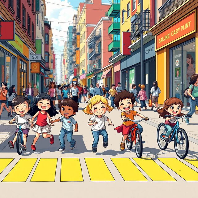 A vibrant street scene depicted in a graphic novel style, featuring playful children engaging in cheerful activities such as playing hopscotch and riding bicycles