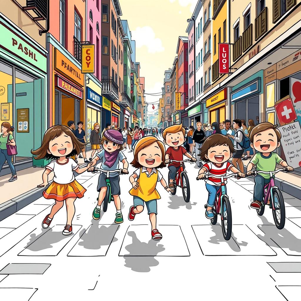 A vibrant street scene depicted in a graphic novel style, featuring playful children engaging in cheerful activities such as playing hopscotch and riding bicycles