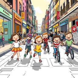 A vibrant street scene depicted in a graphic novel style, featuring playful children engaging in cheerful activities such as playing hopscotch and riding bicycles