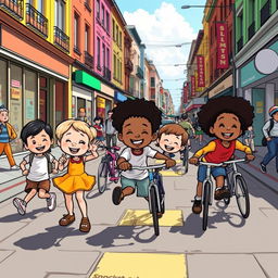 A vibrant street scene depicted in a graphic novel style, featuring playful children engaging in cheerful activities such as playing hopscotch and riding bicycles
