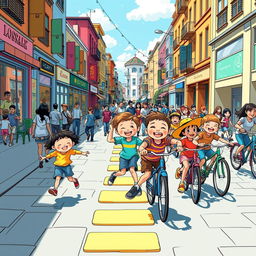 A vibrant street scene depicted in a graphic novel style, featuring playful children engaging in cheerful activities such as playing hopscotch and riding bicycles
