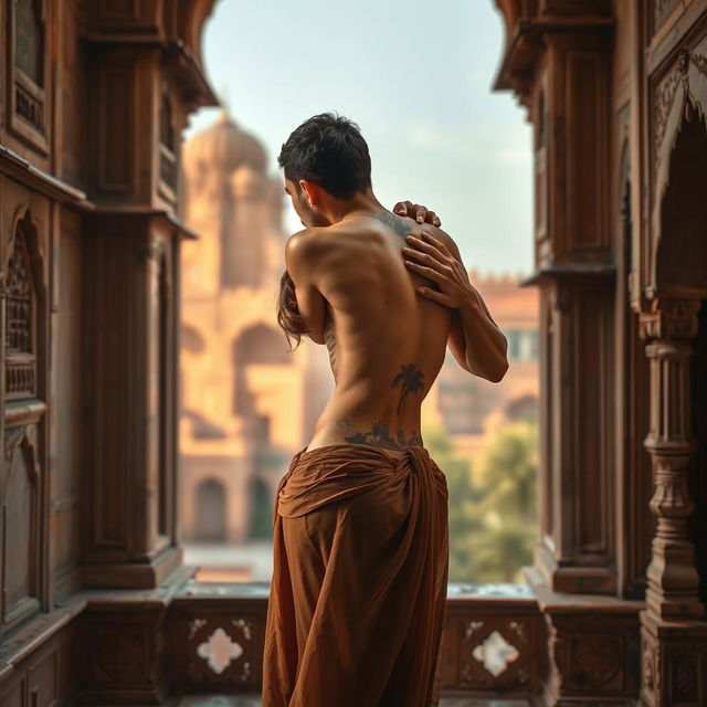 A sensual scene set in a Rajasthani fort, featuring a beautiful woman in a low-waist chiffon skirt, gracefully removing her bikini top amidst the romantic surroundings