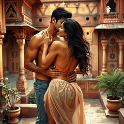 A sensual scene set in a Rajasthani fort, featuring a beautiful woman in a low-waist chiffon skirt, gracefully removing her bikini top amidst the romantic surroundings