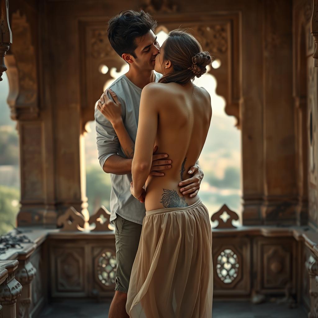 A sensual scene set in a Rajasthani fort, featuring a beautiful woman in a low-waist chiffon skirt, gracefully removing her bikini top amidst the romantic surroundings