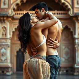 A sensual scene set in a Rajasthani fort, featuring a beautiful woman in a low-waist chiffon skirt, gracefully removing her bikini top amidst the romantic surroundings