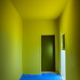 A 12x12 room with one door and a single window. One wall is intensely dark yellow, others are light green. The ceiling is plain white and the floor is a vivid blue.