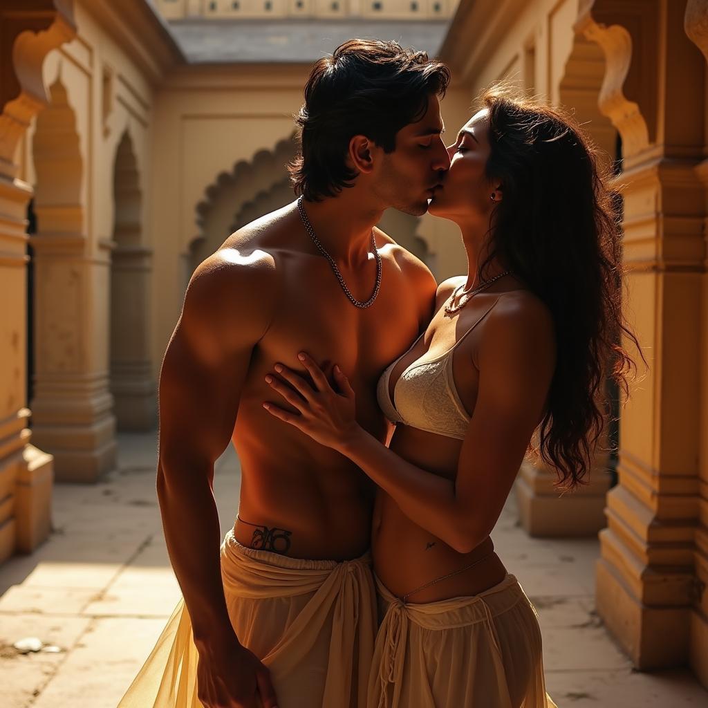 An intimate and sensual scene set in a Rajasthani fort, featuring a beautiful woman in a low-waist chiffon skirt as she gracefully removes her bikini top, revealing her cleavage and navel