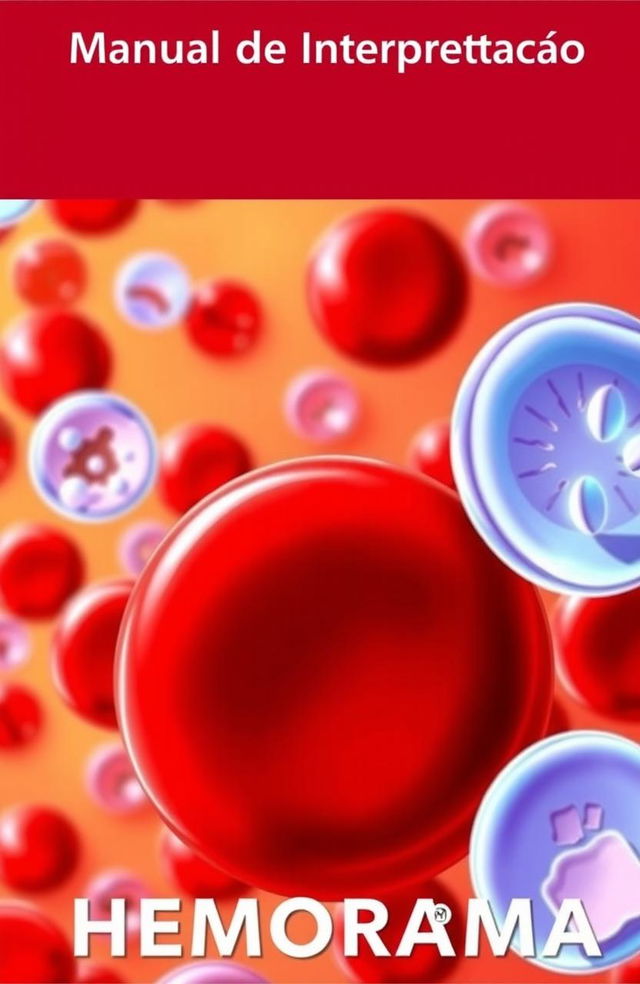 A vibrant and detailed illustration of a hemogram with visible red blood cells (hemácias), white blood cells (leucócitos), and platelets (plaquetas) depicted in bright, eye-catching colors