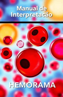 A vibrant and detailed illustration of a hemogram with visible red blood cells (hemácias), white blood cells (leucócitos), and platelets (plaquetas) depicted in bright, eye-catching colors