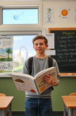 A high school student standing in a classroom, actively engaging with physics concepts