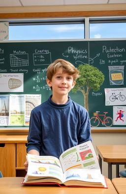 A high school student standing in a classroom, actively engaging with physics concepts