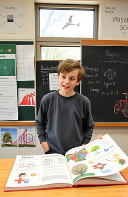 A high school student standing in a classroom, actively engaging with physics concepts