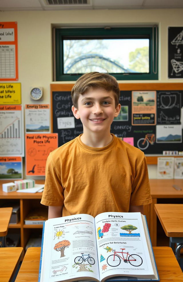 A high school student standing in a classroom, actively engaging with physics concepts