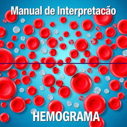 A vibrant and detailed illustration of a hemogram with visible red blood cells (hemácias), white blood cells (leucócitos), and platelets (plaquetas) depicted in bright, eye-catching colors