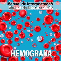 A vibrant and detailed illustration of a hemogram with visible red blood cells (hemácias), white blood cells (leucócitos), and platelets (plaquetas) depicted in bright, eye-catching colors