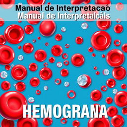 A vibrant and detailed illustration of a hemogram with visible red blood cells (hemácias), white blood cells (leucócitos), and platelets (plaquetas) depicted in bright, eye-catching colors