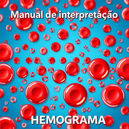 A vibrant and detailed illustration of a hemogram with visible red blood cells (hemácias), white blood cells (leucócitos), and platelets (plaquetas) depicted in bright, eye-catching colors