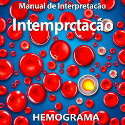 A vibrant and detailed illustration of a hemogram with visible red blood cells (hemácias), white blood cells (leucócitos), and platelets (plaquetas) depicted in bright, eye-catching colors