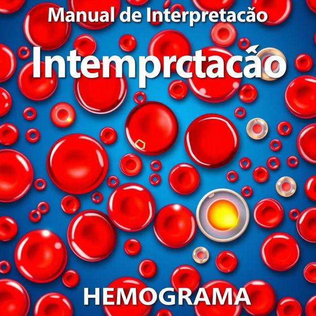 A vibrant and detailed illustration of a hemogram with visible red blood cells (hemácias), white blood cells (leucócitos), and platelets (plaquetas) depicted in bright, eye-catching colors