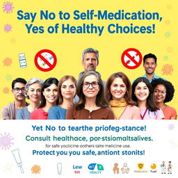 A vibrant and informative poster promoting the avoidance of self-medication and preventing antibiotic resistance