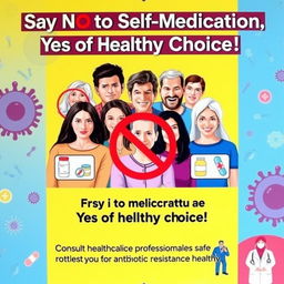 A vibrant and informative poster promoting the avoidance of self-medication and preventing antibiotic resistance