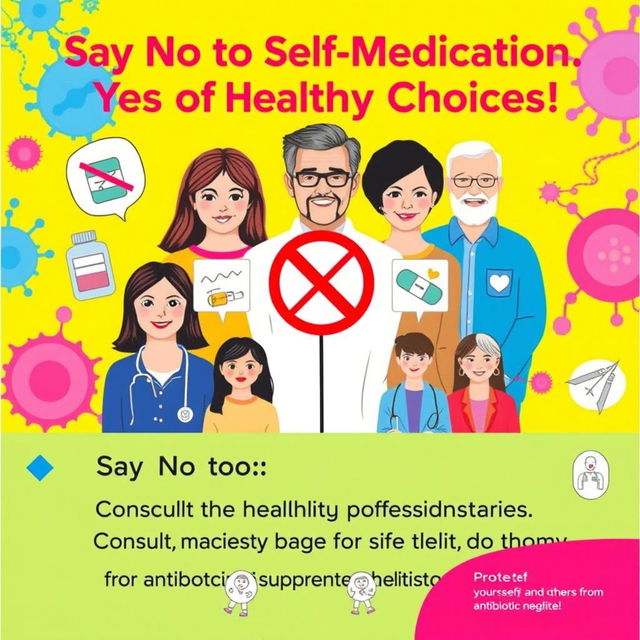 A vibrant and informative poster promoting the avoidance of self-medication and preventing antibiotic resistance