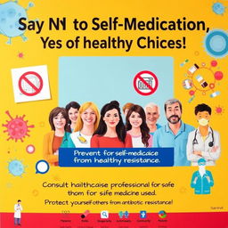 A vibrant and informative poster promoting the avoidance of self-medication and preventing antibiotic resistance