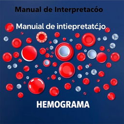 A vibrant and detailed illustration of a hemogram with visible red blood cells (hemácias), white blood cells (leucócitos), and platelets (plaquetas) depicted in bright, eye-catching colors