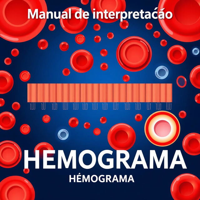 A vibrant and detailed illustration of a hemogram with visible red blood cells (hemácias), white blood cells (leucócitos), and platelets (plaquetas) depicted in bright, eye-catching colors