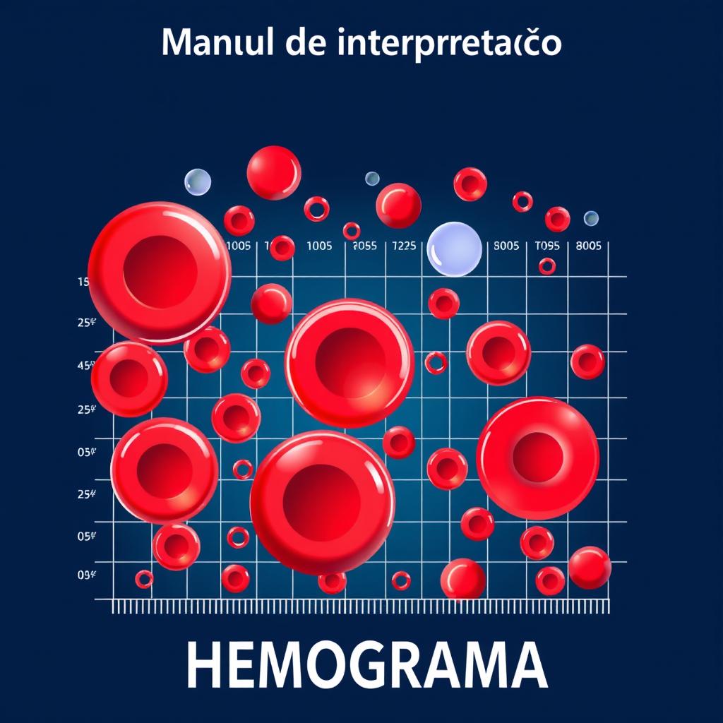 A vibrant and detailed illustration of a hemogram with visible red blood cells (hemácias), white blood cells (leucócitos), and platelets (plaquetas) depicted in bright, eye-catching colors