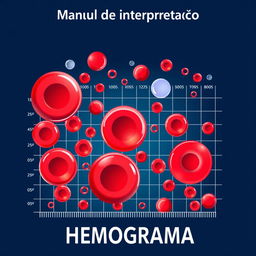 A vibrant and detailed illustration of a hemogram with visible red blood cells (hemácias), white blood cells (leucócitos), and platelets (plaquetas) depicted in bright, eye-catching colors