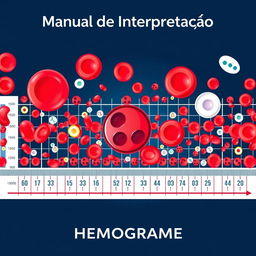 A vibrant and detailed illustration of a hemogram with visible red blood cells (hemácias), white blood cells (leucócitos), and platelets (plaquetas) depicted in bright, eye-catching colors