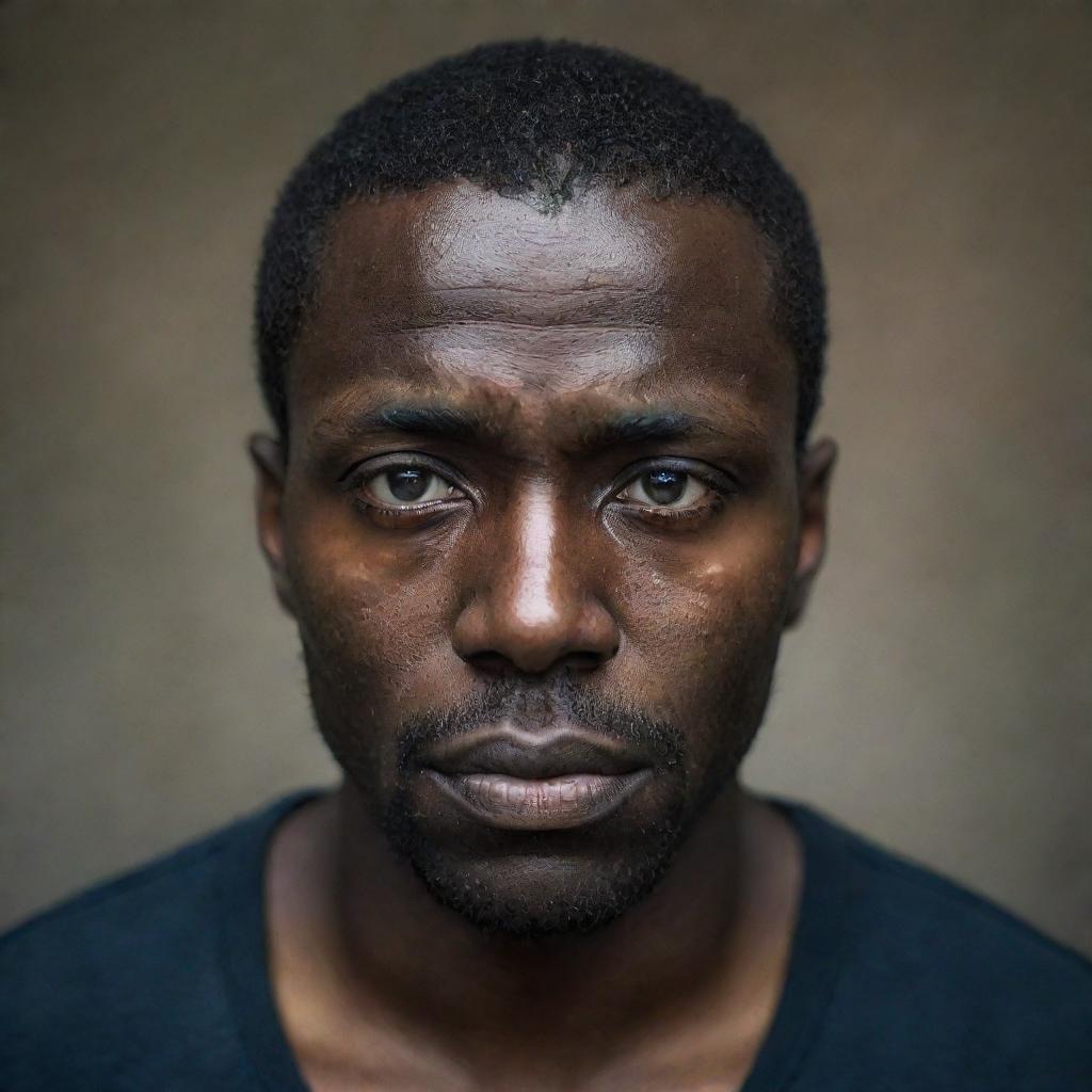 A portrait of a melancholic dark-skinned man, his eyes reflecting profound sadness and contemplation.