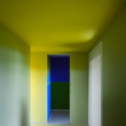 A 12x12 room with one door and a single window. One wall is intensely dark yellow, others are light green. The ceiling is plain white and the floor is a vivid blue.