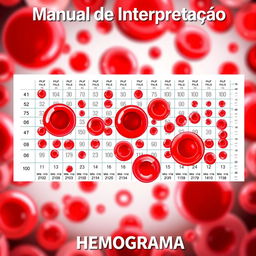 A vibrant and detailed illustration of a hemogram with visible red blood cells (hemácias), white blood cells (leucócitos), and platelets (plaquetas) depicted in bright, eye-catching colors