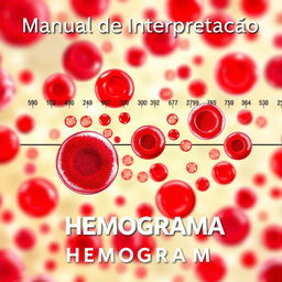 A vibrant and detailed illustration of a hemogram with visible red blood cells (hemácias), white blood cells (leucócitos), and platelets (plaquetas) depicted in bright, eye-catching colors