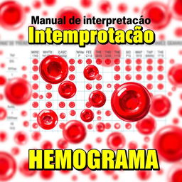 A vibrant and detailed illustration of a hemogram with visible red blood cells (hemácias), white blood cells (leucócitos), and platelets (plaquetas) depicted in bright, eye-catching colors