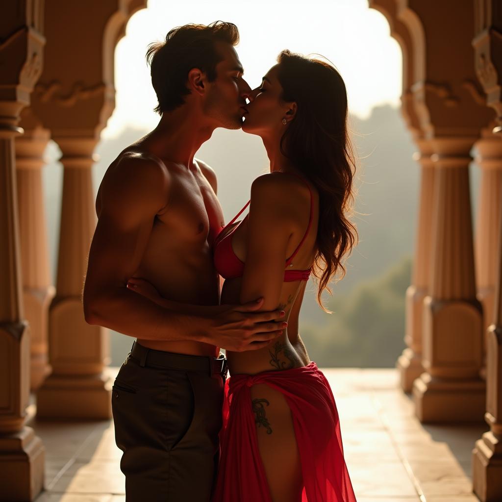 A sensual scene set in a Rajasthani fort, depicting a beautiful woman in a low-waist chiffon skirt, as she removes her bikini top, revealing her alluring cleavage and navel