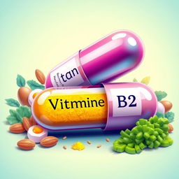 A vibrant and colorful depiction of a vitamin B2 capsule, featuring an elegant design with the capsule split open to reveal its bright yellow powder inside