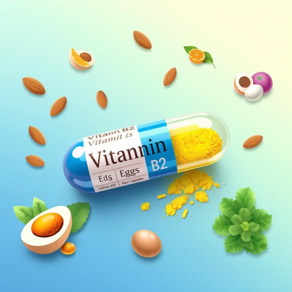 A vibrant and colorful depiction of a vitamin B2 capsule, featuring an elegant design with the capsule split open to reveal its bright yellow powder inside