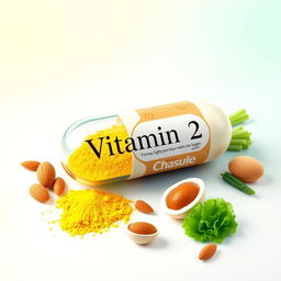 A vibrant and colorful depiction of a vitamin B2 capsule, featuring an elegant design with the capsule split open to reveal its bright yellow powder inside