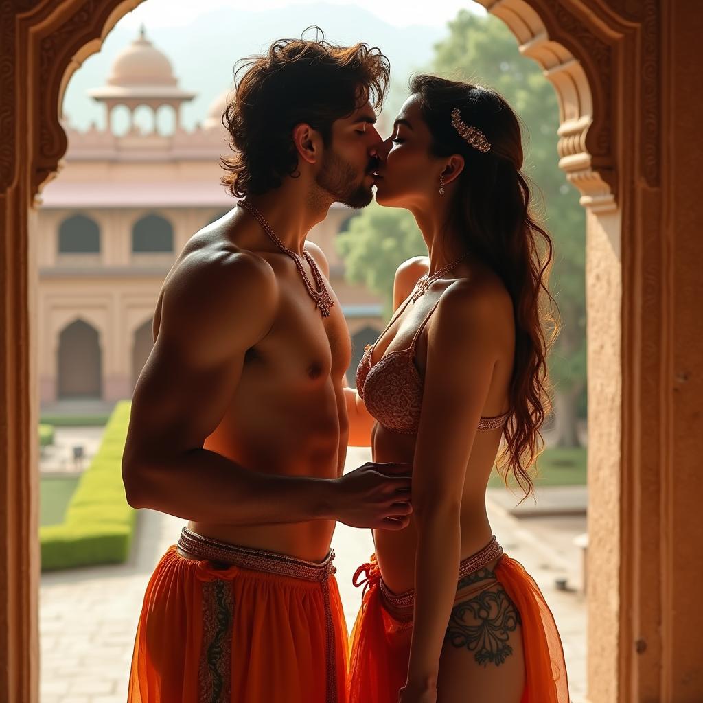 A sensual scene set in a Rajasthani fort, featuring a beautiful woman in a low-waist chiffon skirt as she gracefully removes her bikini top, displaying her cleavage and navel