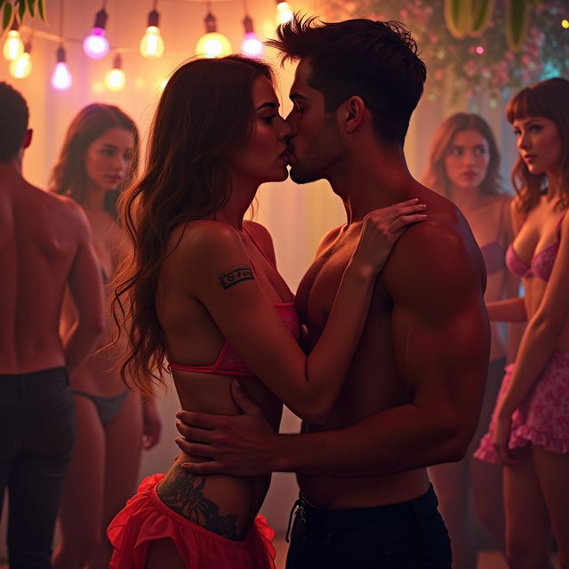 A sensual and lively scene set at a house party, featuring a beautiful woman in a low-waist chiffon short skirt as she playfully removes her bikini top, revealing her cleavage and navel