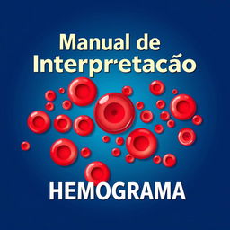 A vibrant and detailed illustration of a hemogram with visible red blood cells (hemácias), white blood cells (leucócitos), and platelets (plaquetas) depicted in bright, eye-catching colors