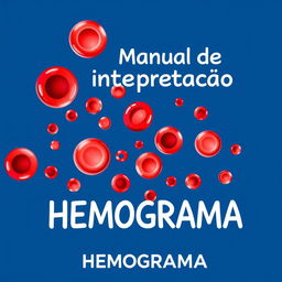 A vibrant and detailed illustration of a hemogram with visible red blood cells (hemácias), white blood cells (leucócitos), and platelets (plaquetas) depicted in bright, eye-catching colors