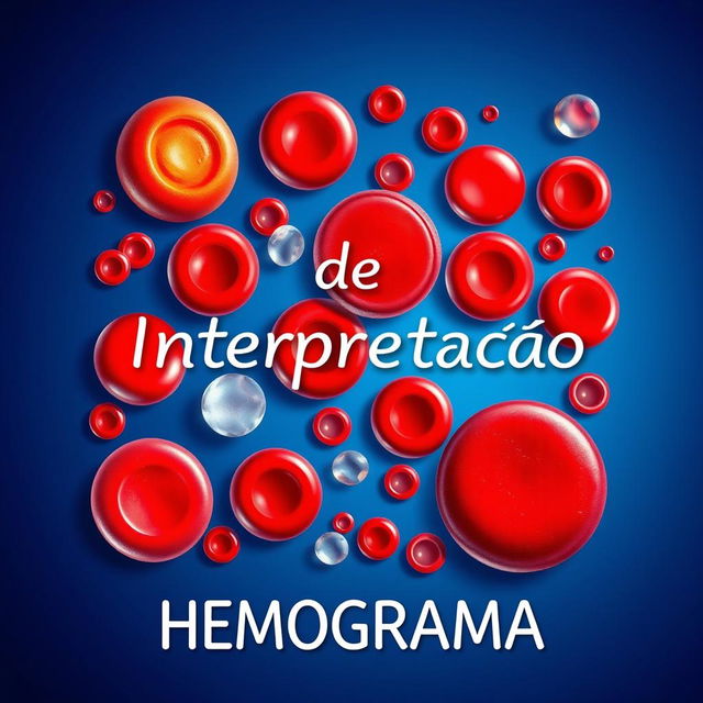 A vibrant and detailed illustration of a hemogram with visible red blood cells (hemácias), white blood cells (leucócitos), and platelets (plaquetas) depicted in bright, eye-catching colors