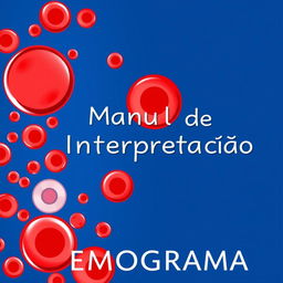 A vibrant and detailed illustration of a hemogram with visible red blood cells (hemácias), white blood cells (leucócitos), and platelets (plaquetas) depicted in bright, eye-catching colors