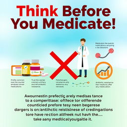 A vibrant and informative poster promoting the avoidance of self-medication and the prevention of antibiotic resistance