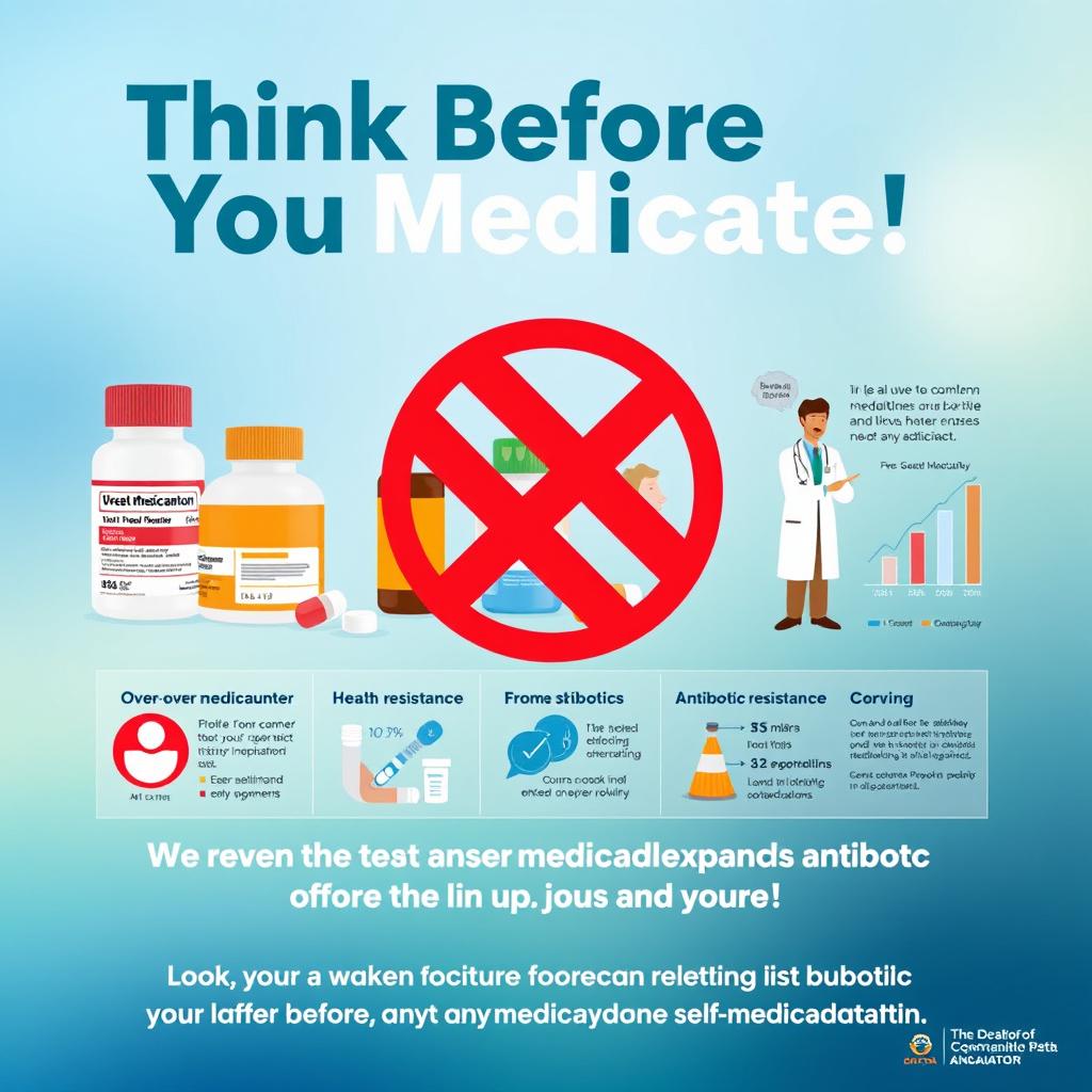 A vibrant and informative poster promoting the avoidance of self-medication and the prevention of antibiotic resistance